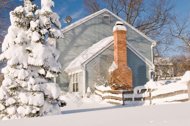 冬雪中的房屋和树木