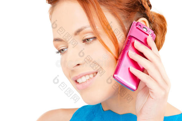 粉色手机快乐女人