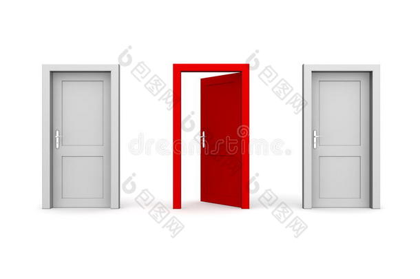 三扇门-灰色和红色-两扇关闭，一扇打开