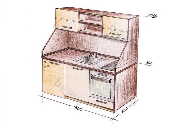 现代室内设计厨房写意图。
