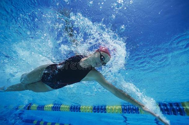 游泳池中在水下赛跑的女游泳运动员