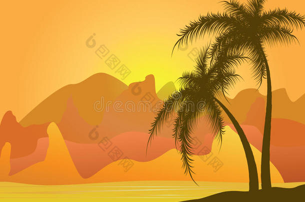 两棵棕榈树依山傍沙