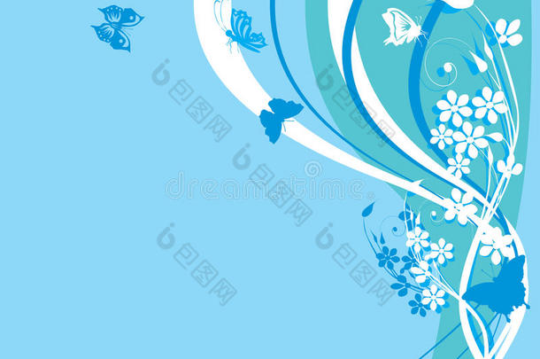 蓝白花卉插画
