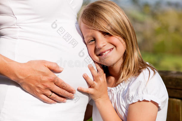 怀孕女孩摸怀孕母亲的肚子