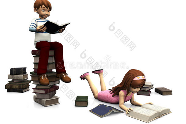 可爱的卡通男孩和女孩被书包围。