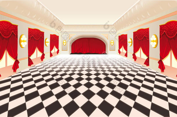 室内有红色窗帘和瓷砖地板。