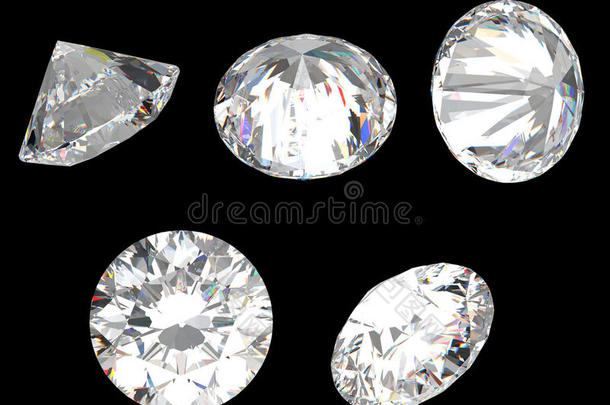 钻石的俯视图、俯视图和不同侧面图