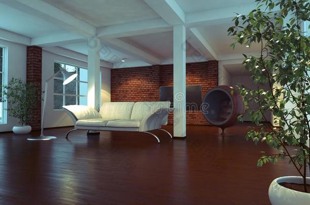 现代室内空荡荡的植物和沙发
