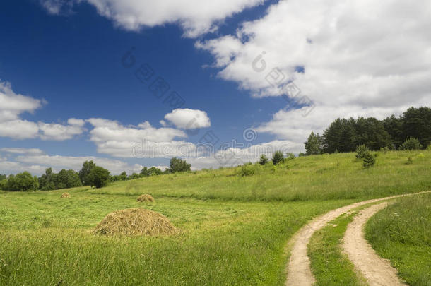 有道路、草地和干草的夏季景观