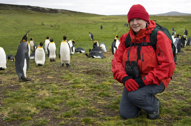 带着国王企鹅的游客-福克兰群岛