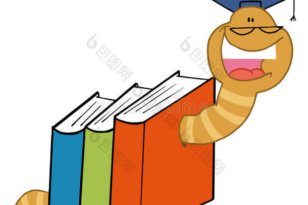 蠕虫毕业生在彩色书籍中爬行