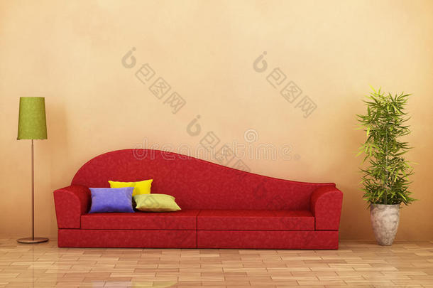 红色沙发，镶木地板，台灯，植物和<strong>靠垫</strong>