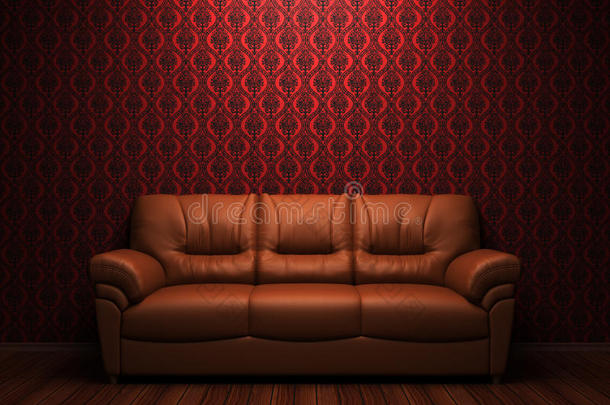 红墙前棕色真皮沙发