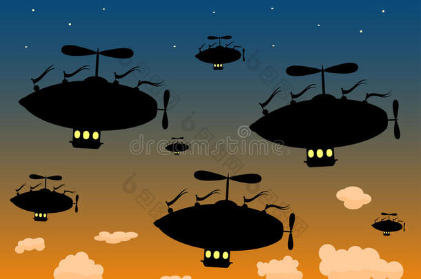一组剪影飞艇在高高的昏暗天空中航行