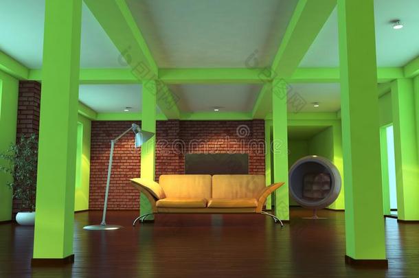 现代空旷室内，橙色沙发