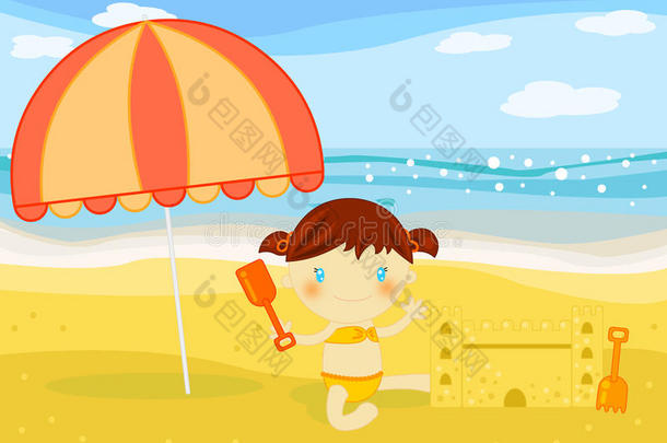 小女孩在沙滩上建沙堡