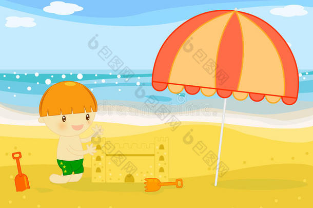 男孩在海滩上建沙堡