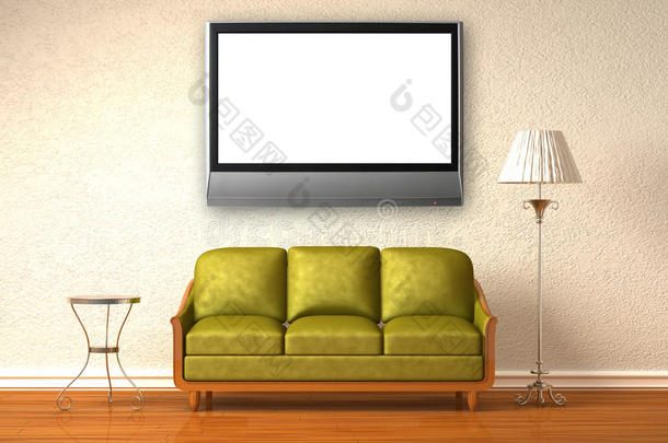带液晶电视的橄榄色沙发、<strong>台灯</strong>和<strong>台灯</strong>
