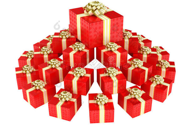一堆圆锥形的红色礼品盒