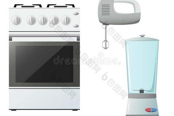 一套厨房用具。炉子，搅拌机和搅拌机。