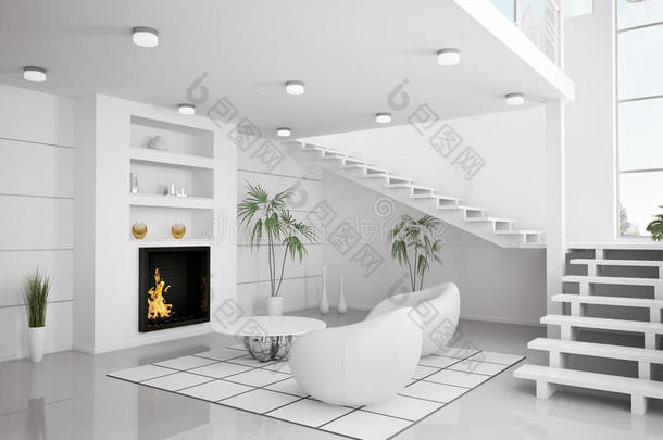 客厅现代白色室内3d渲染