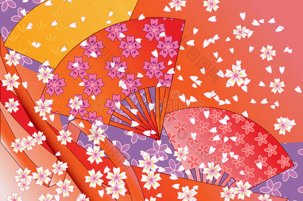 矢量日本扇子、丝带和花