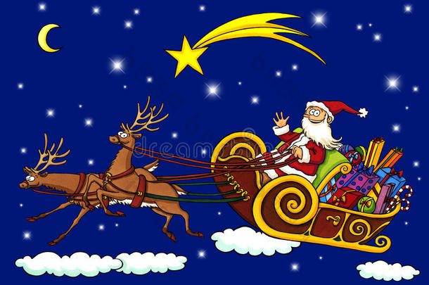圣诞老人乘雪橇飞过黑夜