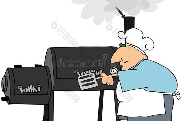 在烟熏烤架上做饭的男人