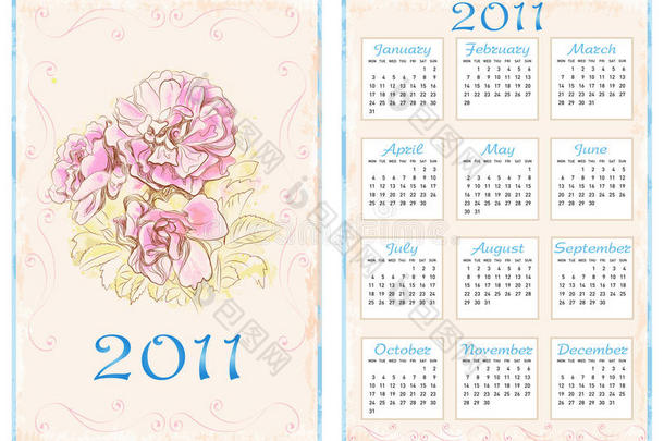 2011年复古袖珍日历。70×105毫米