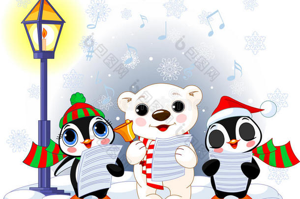 圣诞颂歌。北极熊和两只企鹅