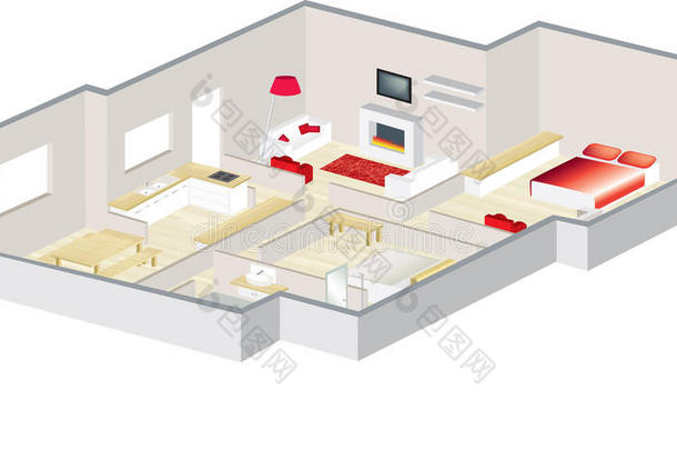 建筑师房屋或公寓的三维平面图