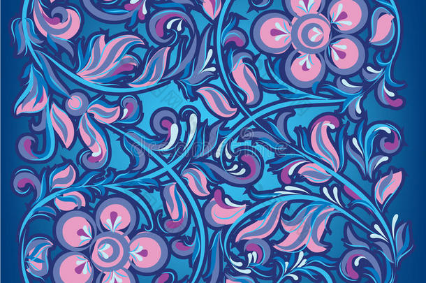 抽象的蓝色背景，带粉色花卉装饰