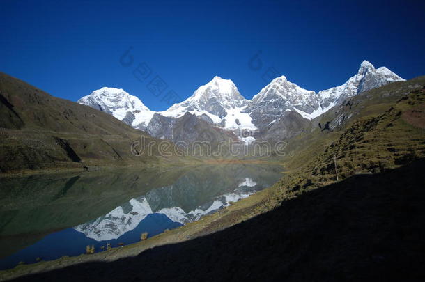 秘鲁的雪山和蔚蓝的湖水