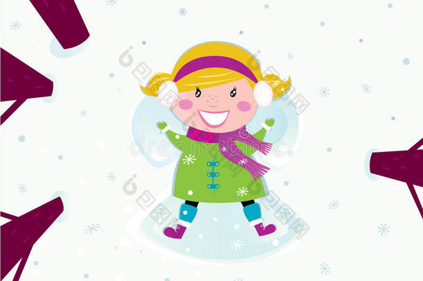 圣诞节：在造雪天使里的快乐女孩