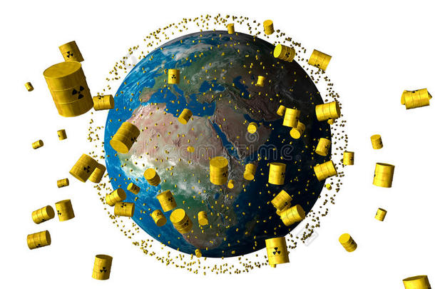 黄色的核废料桶环绕地球运行