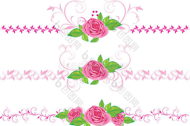 带装饰的粉红色玫瑰。三个装饰边框