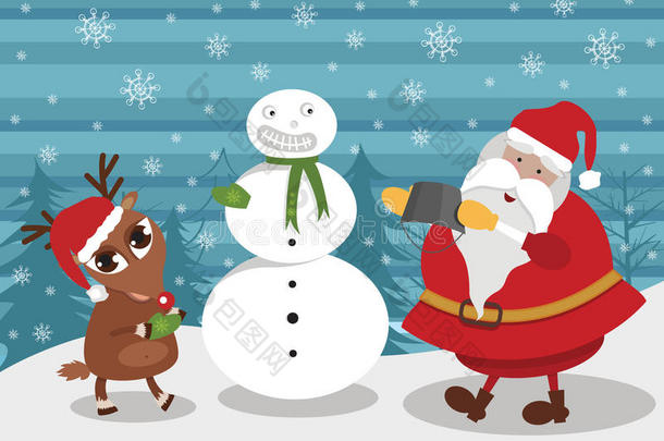 鹿和圣诞老人堆雪人
