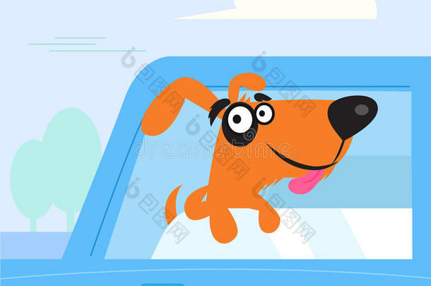 快乐的棕色和黑色的狗在蓝色的车里旅行