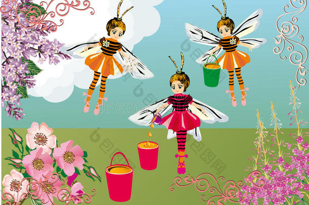 蜜蜂女孩与花朵插画