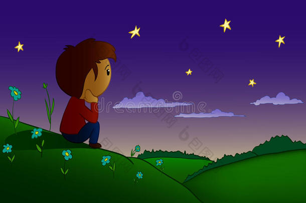 卡通男孩在夜场和山丘上休息