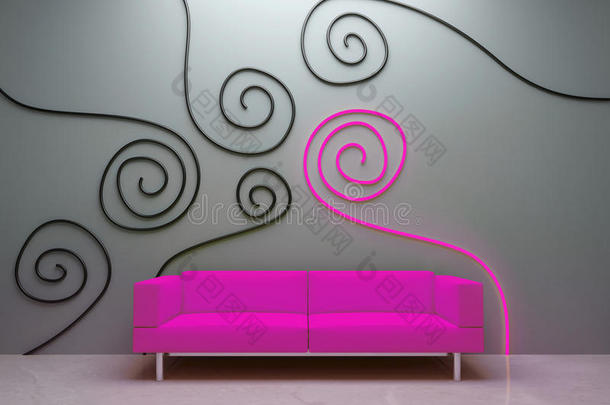 室内设计-<strong>粉色</strong>沙发和装饰<strong>墙</strong>