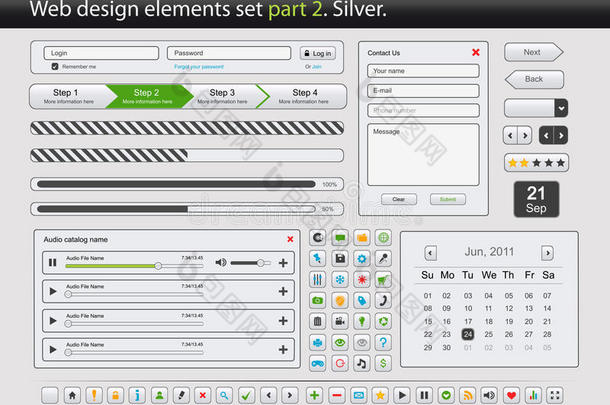 网页设计元素集。第二部分。银色的。
