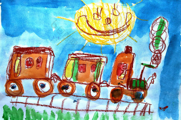 火车的儿童水彩画。