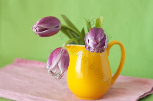 一束精致的紫色郁金香放在一个黄色的罐子里