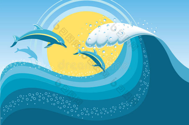 蓝色海浪中的海豚。