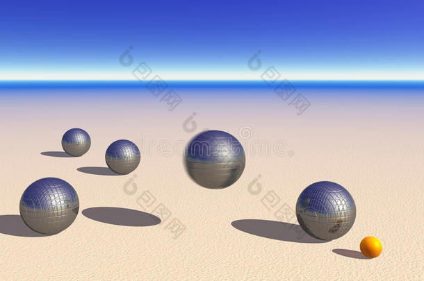沙滩上的petanque游戏球