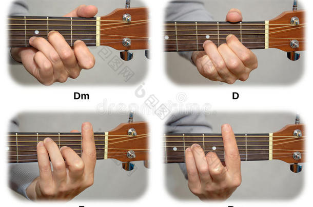 吉他手弹奏吉他和弦：<strong>dm</strong>，d，f，bm