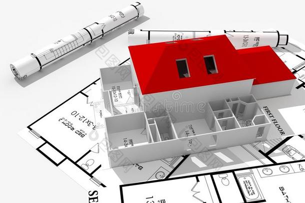 3d现代住宅，设计图孤立在白色