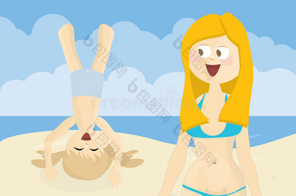 微笑的女孩和她妈妈在海滩上