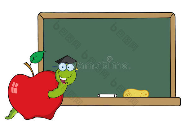 学生用黑板在苹果上爬虫子